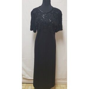 Nina Charles Kasper Black Knit Maxi Cocktail Embellished Formal Gown Sz M NWOT